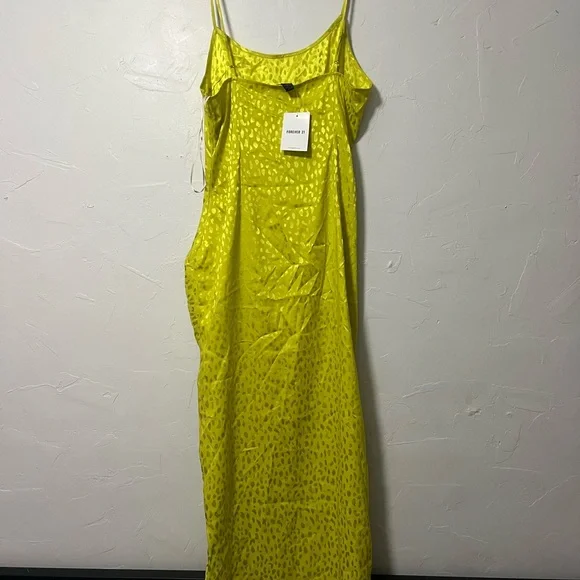 Neon Green Satin Midi Dress Leopard Print - Picture 3 of 5